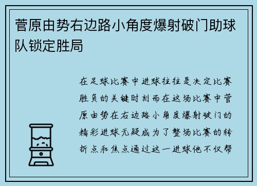 菅原由势右边路小角度爆射破门助球队锁定胜局